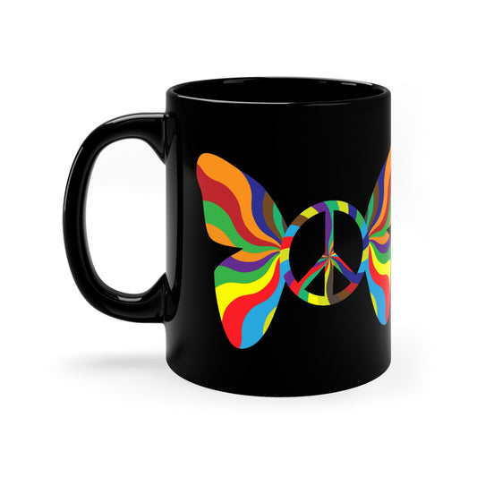 Peacefully Blissful Rainbow Butterfly Black Coffee Mug - 11oz