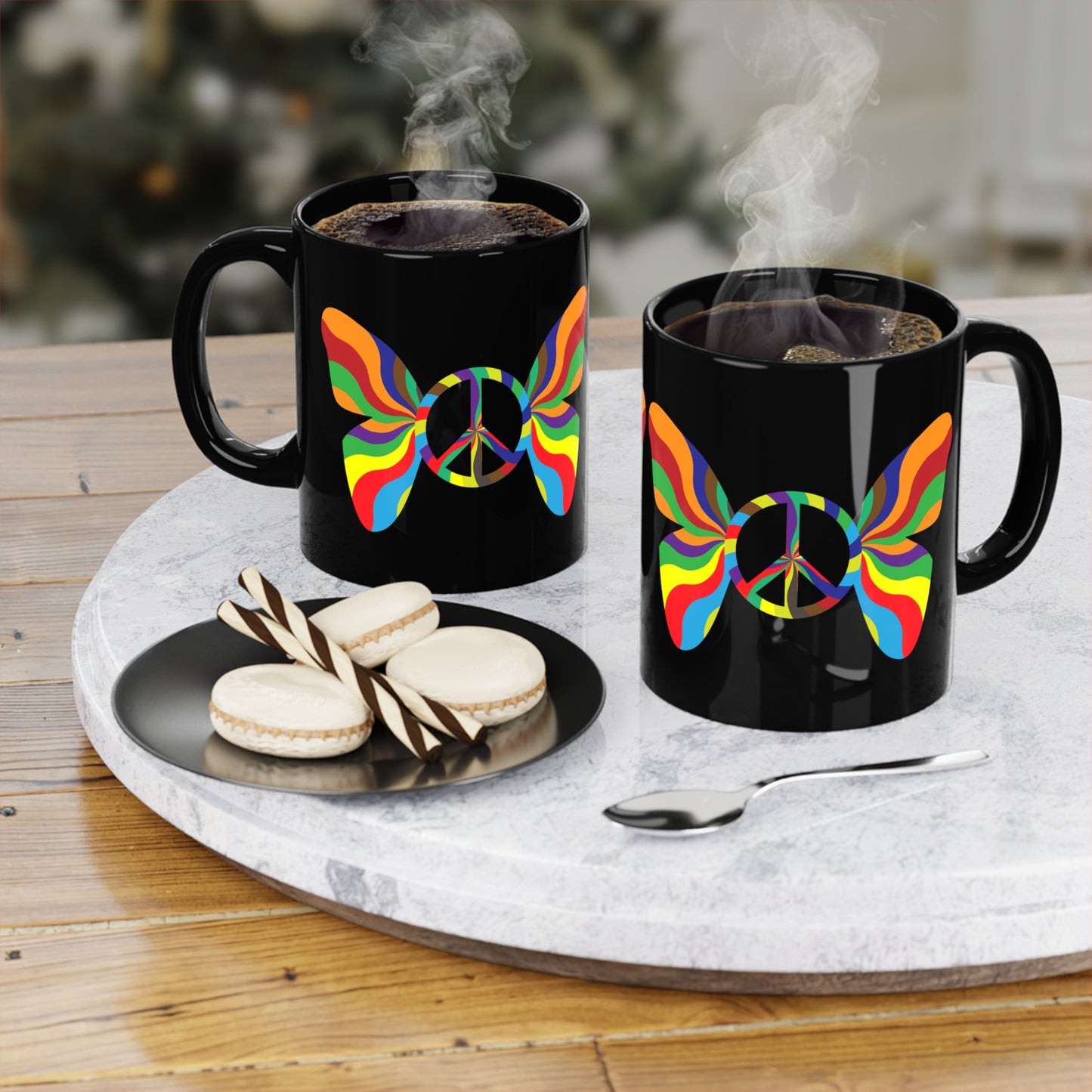 Peacefully Blissful Rainbow Butterfly Black Coffee Mug - 11oz
