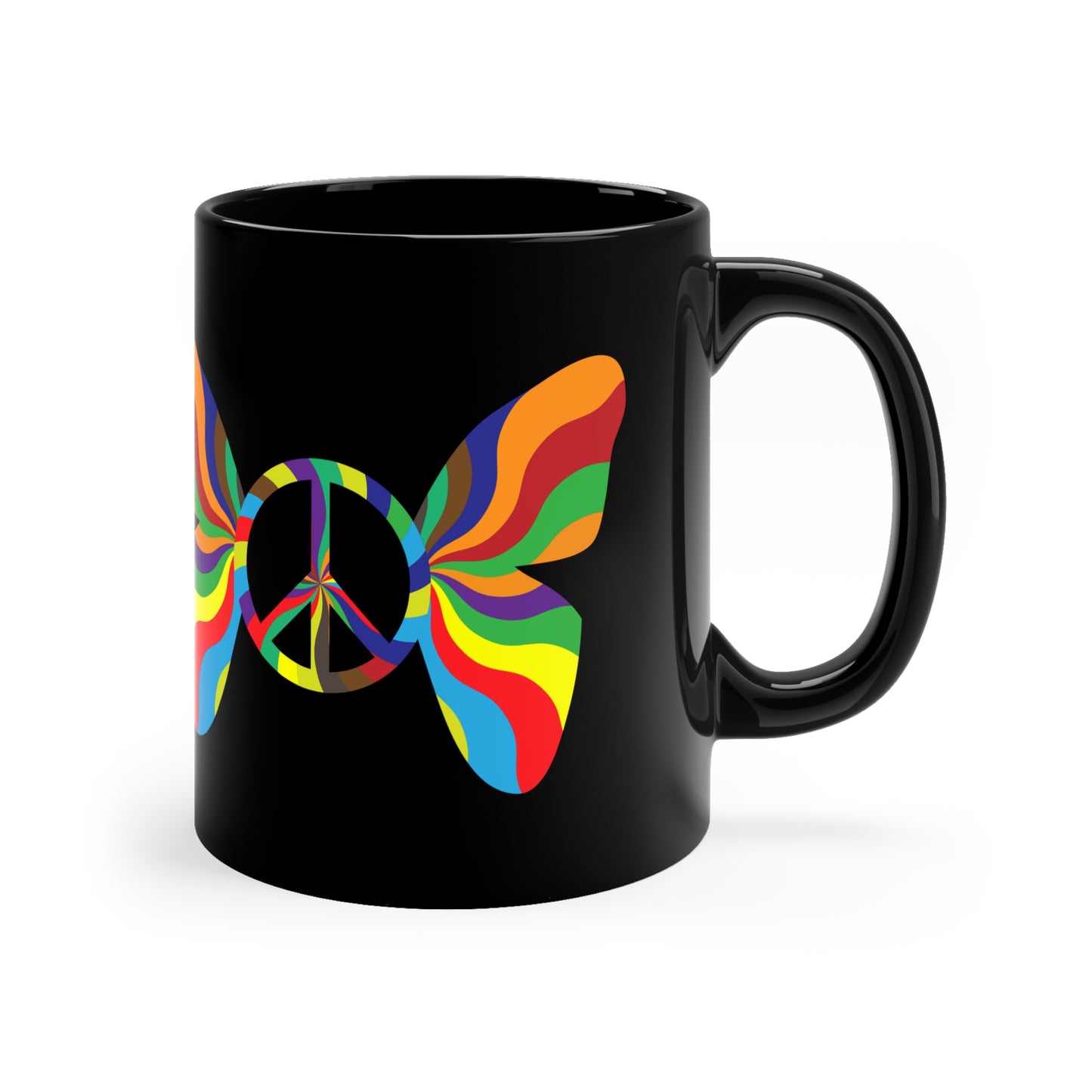 Peacefully Blissful Rainbow Butterfly Black Coffee Mug - 11oz