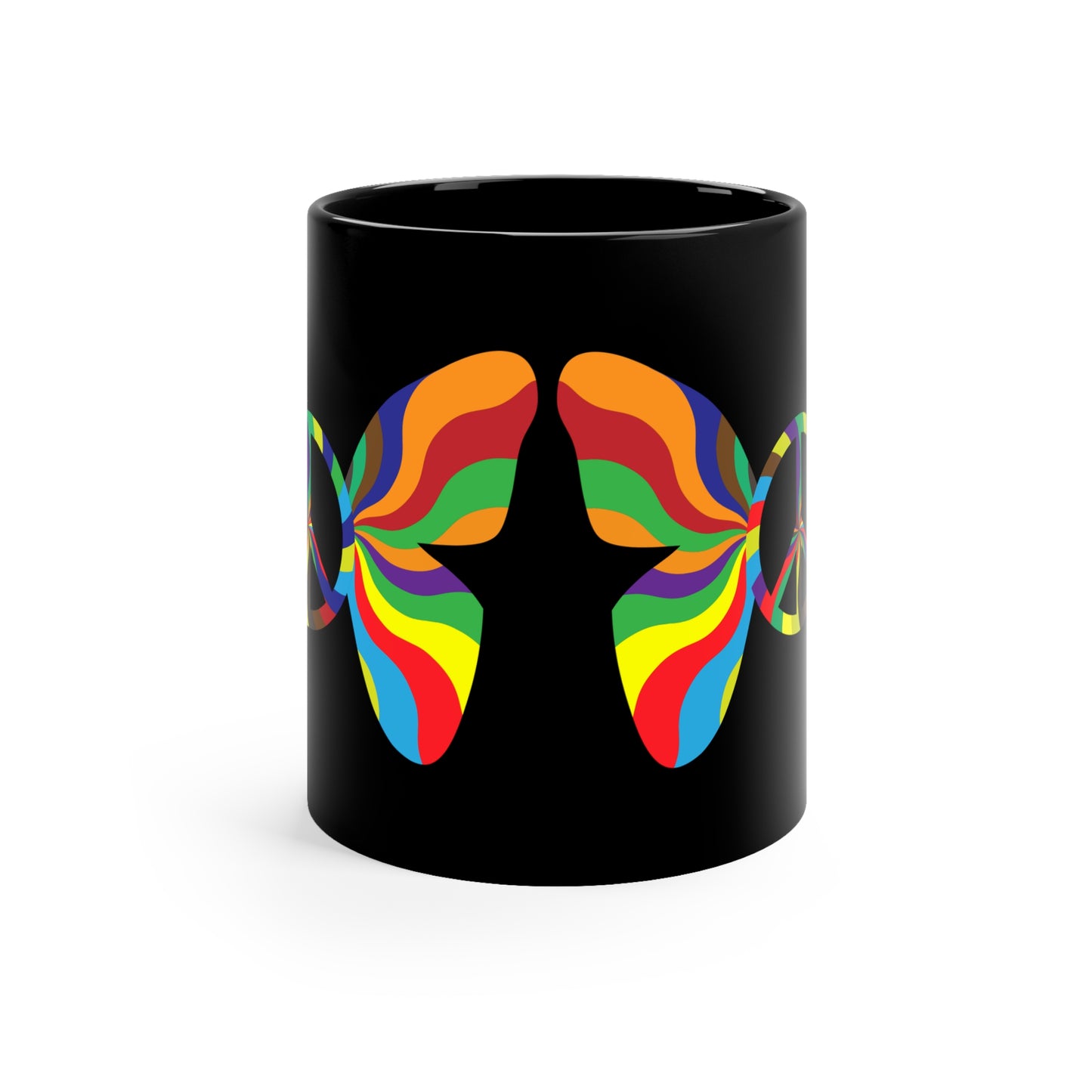 Peacefully Blissful Rainbow Butterfly Black Coffee Mug - 11oz