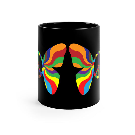 Peacefully Blissful Rainbow Butterfly Black Coffee Mug - 11oz