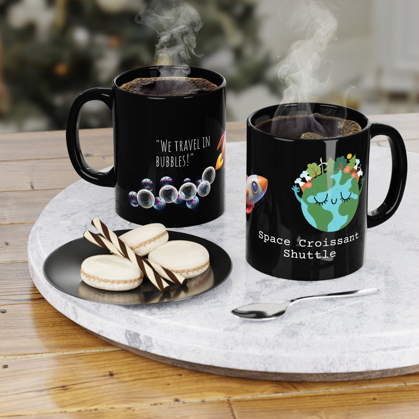 Space Croissant Shuttle Black Coffee Mug, 11oz